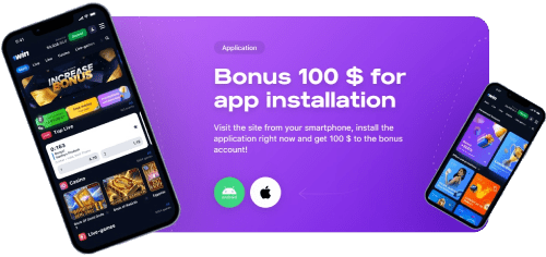 Promo banner of the casino with text 'Bonus 100$ for app installation' and two phones