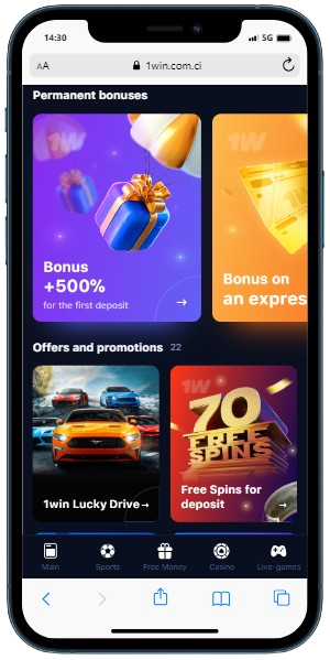 A smartphone displaying 1Win casino promotions panel