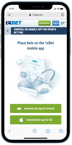 A smartphone displaying 1xBet casino site with webpage Mobile apps for Android and IOS