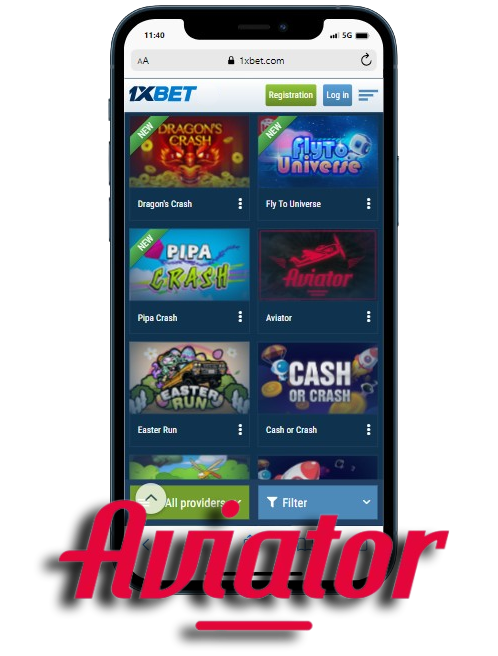 A smartphone displaying 1xBet casino games library with Aviator logo