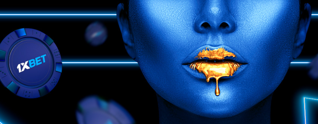 Promo banner of the 1xBet with woman face and casino chips on the dark background