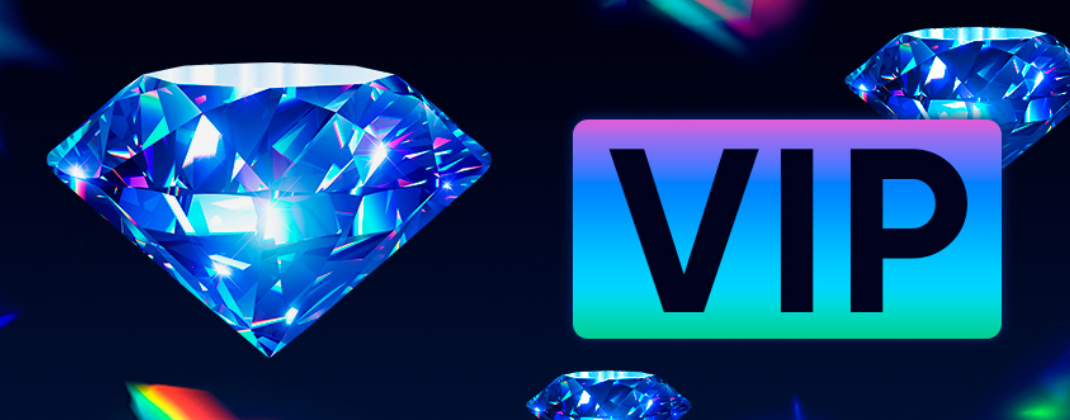 Promo banner of the 1xBet casino with diamonds and word 'VIP' on the dark background