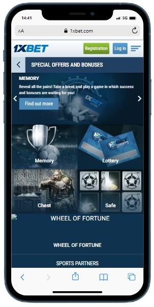A smartphone displaying 1xBet casino promotions panel