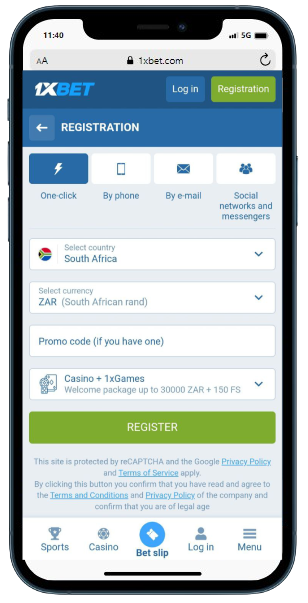 A smartphone displaying 1xBet casino registration panel