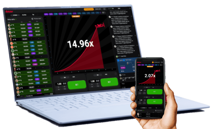 A laptop and phone displaying Aviator game interface with betting options