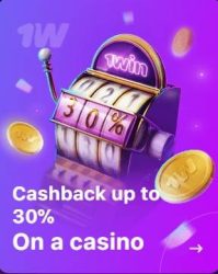 Promo banner of 1Win casino with slot machine and text 'Cashback up to 30%'