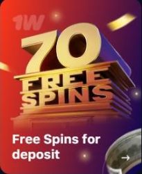 Promo banner of 1Win casino with 3D image '70 free spins' and text 'Free spins for deposit'