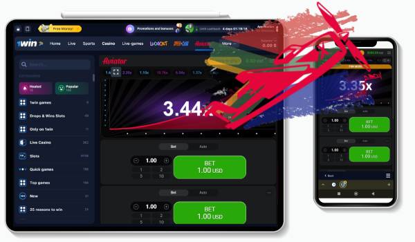 A tablet and phone displaying Aviator game on the 1Win website