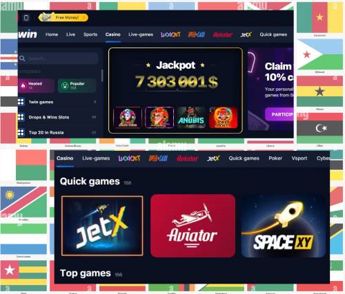 Two screenshots showing 1Win casino games library, and flags of Africa background