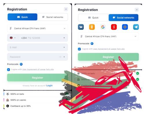 A screenshot of two registration forms (Quick and via Social media) on the 1Win site