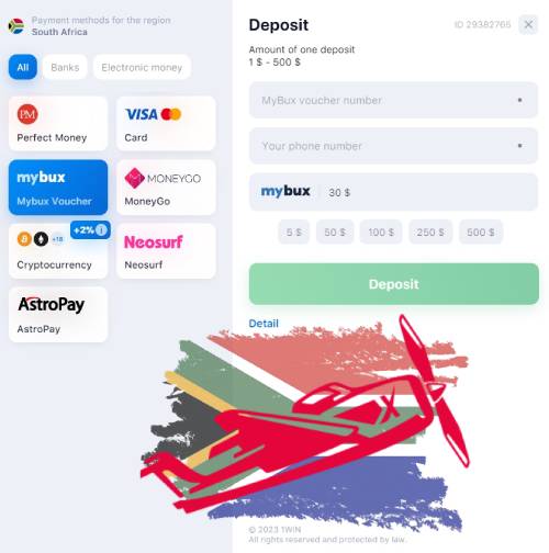 A screenshot of the deposit payment methods on the 1Win site, and a flag of South Africa