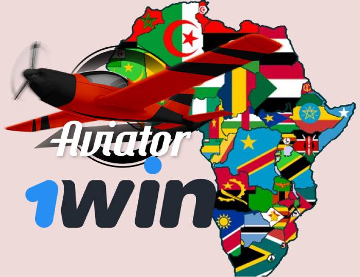 A red plane with Aviator and 1Win logos, and a coloured map of Africa background