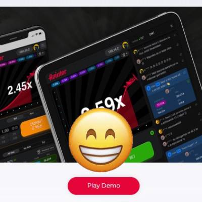 A screenshot of the phone and laptop showing Aviator game with emoticon and the button 'Play demo'