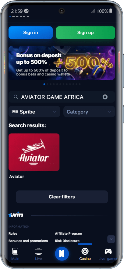 A smartphone displaying 1Win casino site with search bar 'Aviator game Africa'