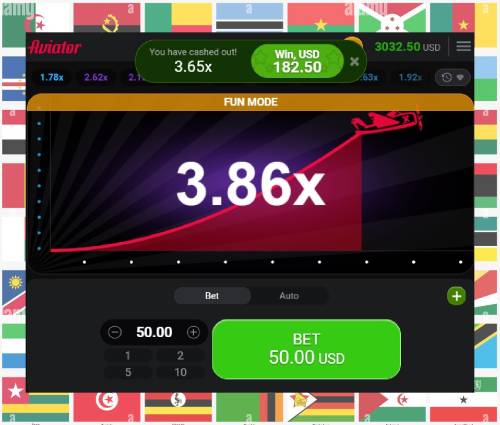 A screenshot of the Aviator fun mode with betting option, and flags of Africa background