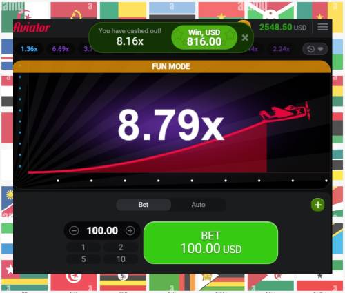A screenshot of the Aviator fun mode with betting option, and flags of Africa background
