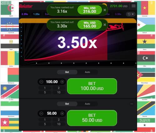 A screenshot of the Aviator fun mode with betting options, and flags of Africa background