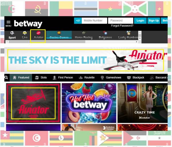 Aviator at Betway Casino, and flags of Africa background