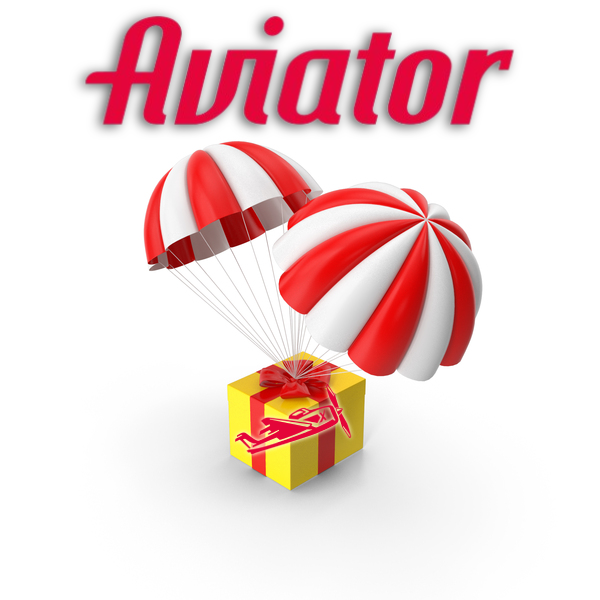 Aviator game logo, and a present box with two parachutes