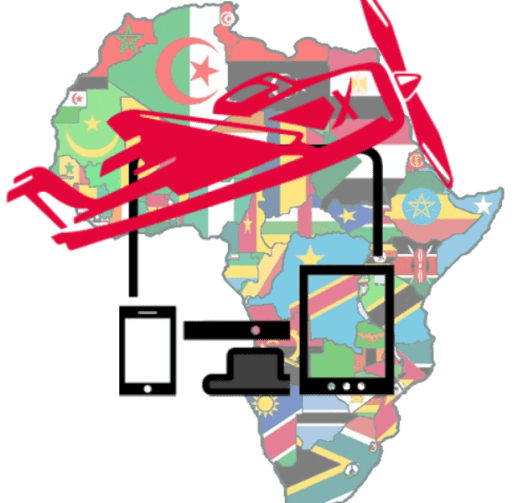 Icons of a laptop, phone and tablet with Aviator logo, and a map of Africa background