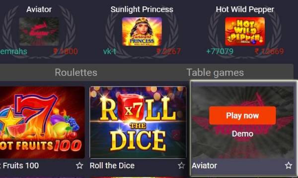 A screenshot of the casino site with highlighted Aviator game buttons 'Play now' or 'Demo'