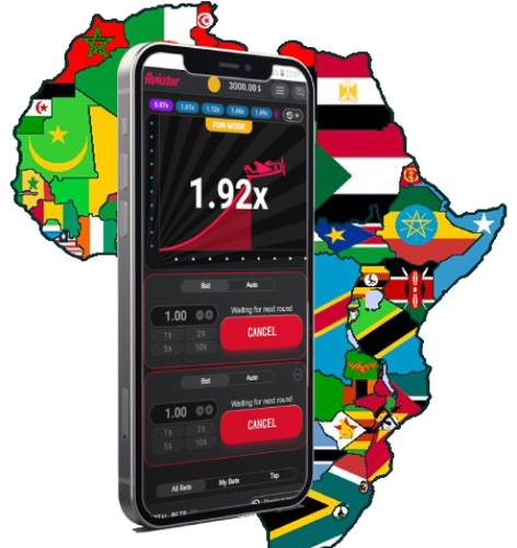 A smartphone displaying Aviator game with betting options, and a map of Africa background