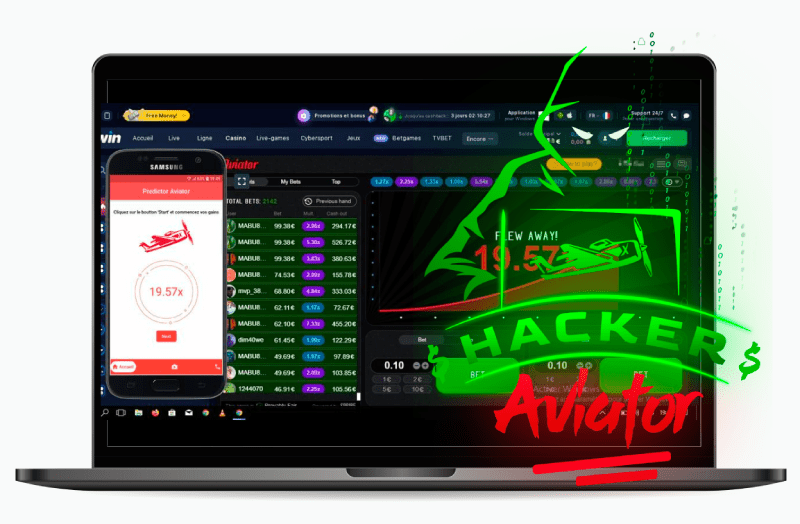 A laptop showing crash game on the 1Win site, and phone with Predictor Aviator app