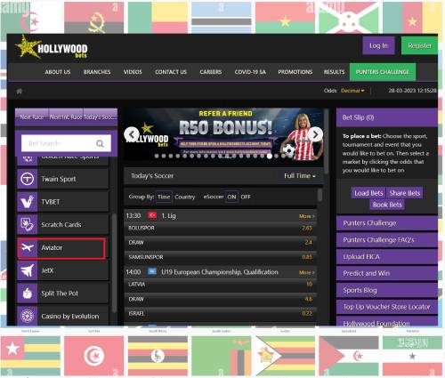 A screenshot of the Hollywoodbets site with highlighted 'Aviator', and a flags of Africa background