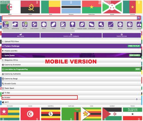 A screenshot of the Hollywoodbets mobile version with menu, and flags of African countries