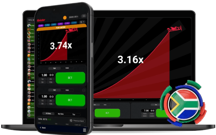 A laptop and phone displaying Aviator game with betting options, and a flag of South Africa