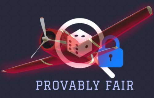A flying red plane with a cube, magnifying glass, lock and text 'Provably fair'