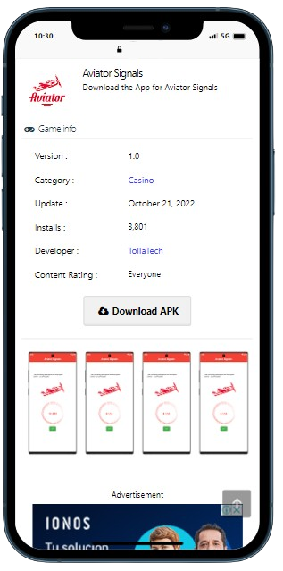 A smartphone displaying webpage to download Aviator Signals APK