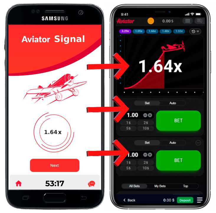 Two smartphones displaying Signal app and Aviator game with coefficient and betting options