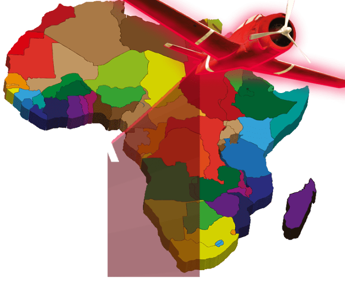 A flying red plane and a coloured map of Africa background