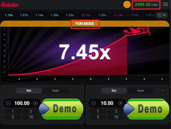 A screenshot of the Aviator fun version with betting options and highlighted '2989.50 USD'