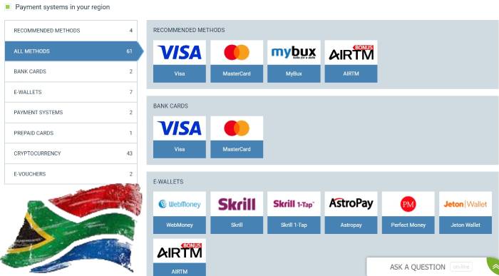 Payment methods on the casino site, and South Africa flag