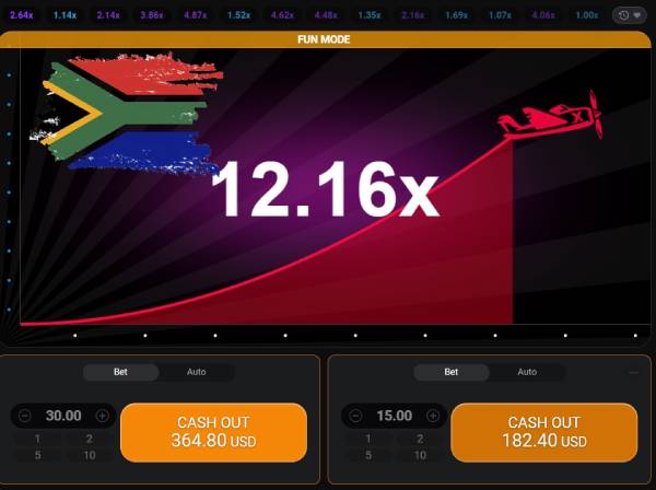 A screenshot of the Aviator Demo version with betting options, and South Africa flag