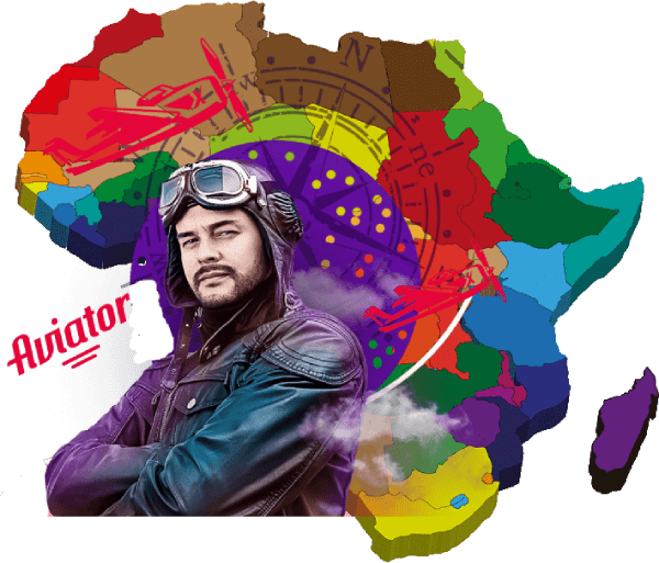 A pilot with Aviator game logo, and a coloured map of Africa background