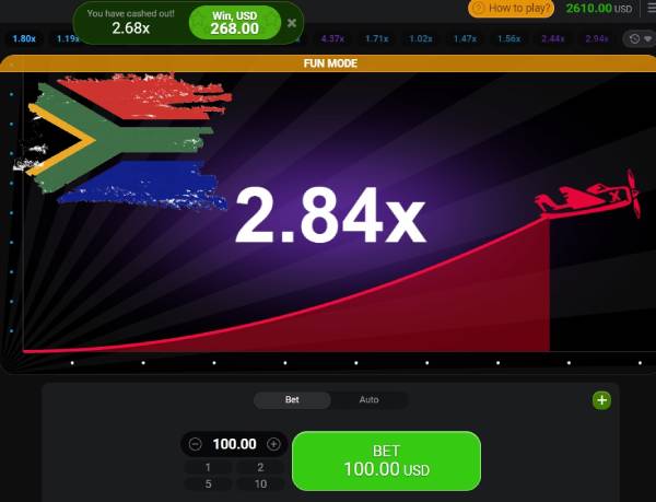 A screenshot of the Aviator Demo version with betting option, and South Africa flag