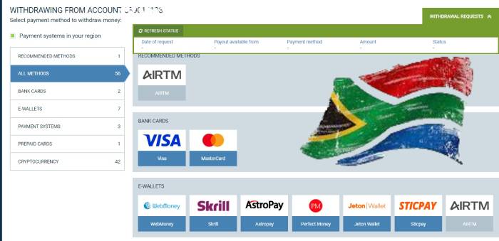 Withdrawing panel with payment methods on the casino site, and South Africa flag