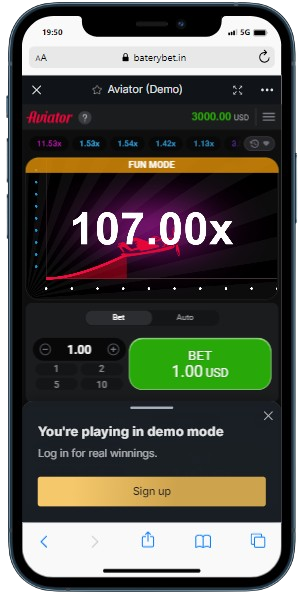 A smartphone displaying Batery casino site with Aviator Demo mode interface