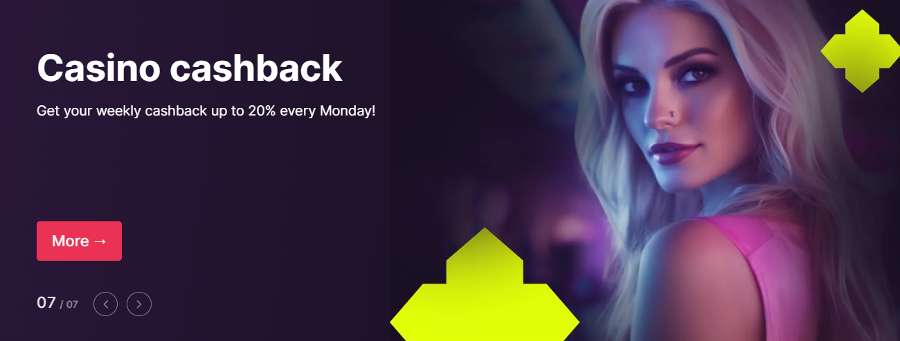 Promo banner of the Batery with woman, button 'Registration', and text 'Casino cashback'