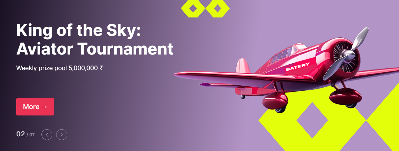 Promo banner of the Batery casino with plane, button 'Registration', and text 'Tournament Aviator'