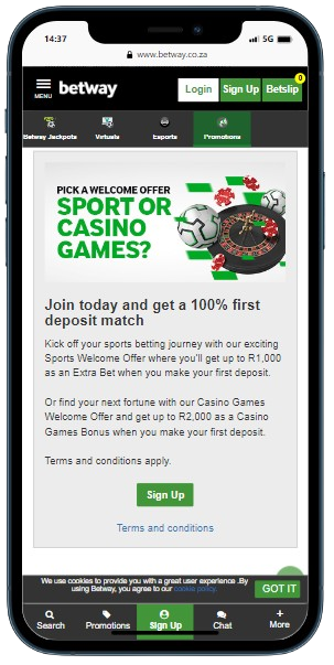 A smartphone displaying Betway casino promotions panel