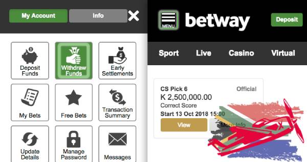 A screenshot of the Betway casino showing My account panel and highlighted Withdraw funds