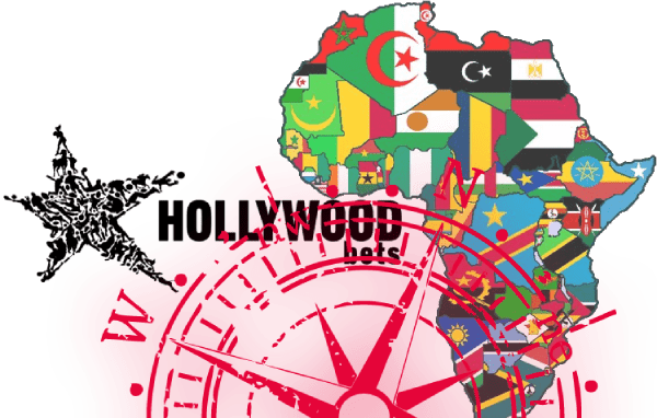 Hollywoodbets casino logo with a red compass, and a coloured map of Africa