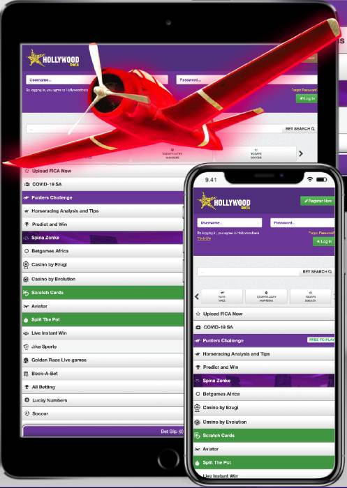 A tablet and a phone displaying Hollywoodbets casino site, and a red plane