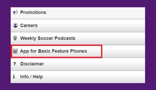A screenshot showing menu of the Hollywoodbets with highlighted 'App for basic feature phones'