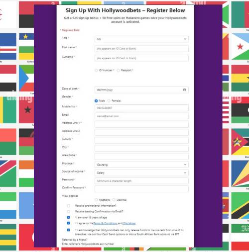 A screenshot of the Hollywoodbets sign up form, and flags of Africa background