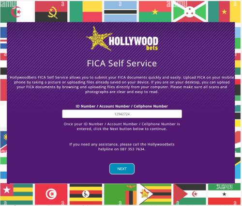 A screenshot of the Hollywoodbets FICA documents page, and flags of Africa background